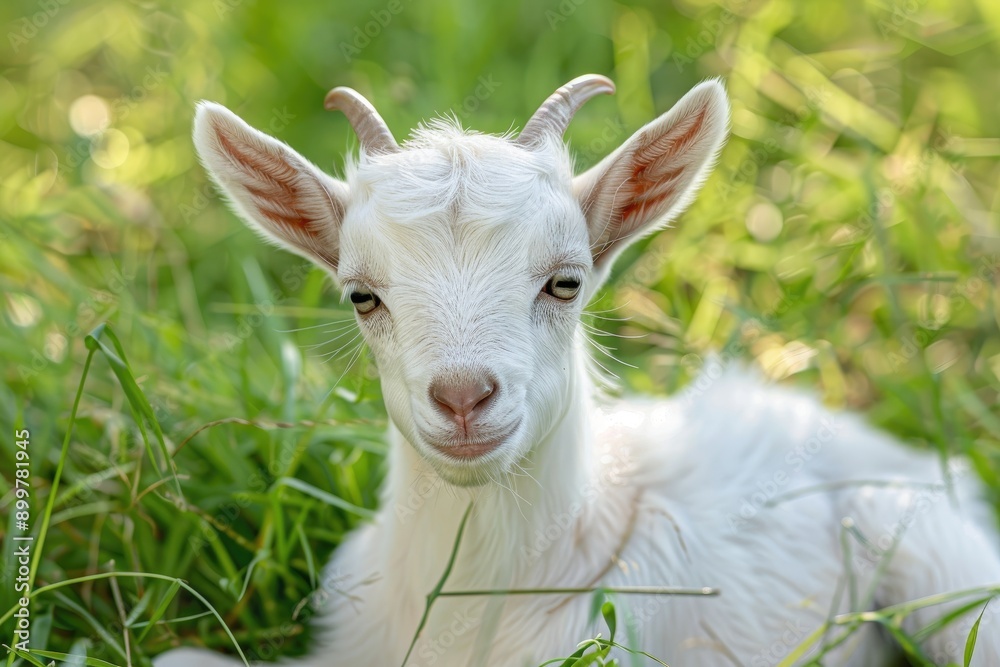 White Goat Kid Lying in Grass with Curious Expression White Goat Kid Lying in Grass with Curious Expression