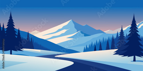 Illustration of a snowy winter scene in a lowland area with trees