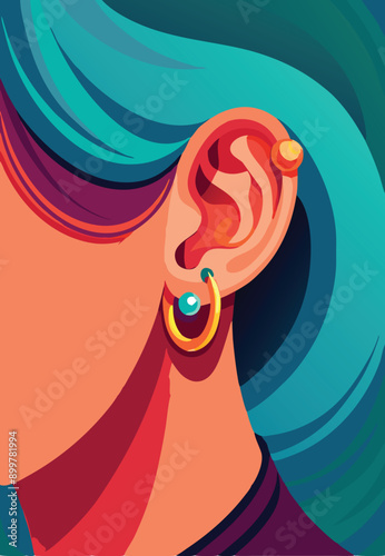 Young woman wearing golden earrings and showing piercing