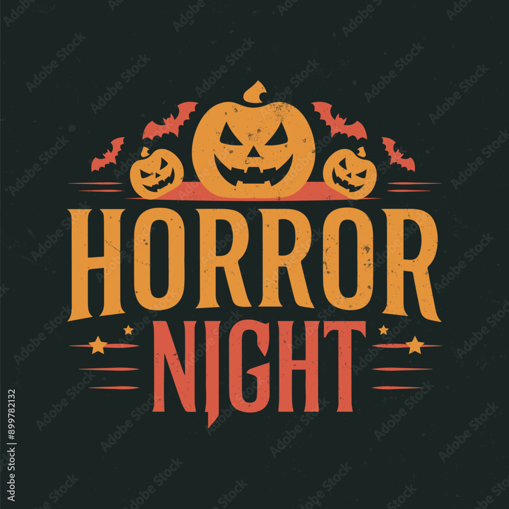 Halloween label with pumpkin heads and bats, text Horror Night Halloween label with pumpkin heads and bats, text Horror Night