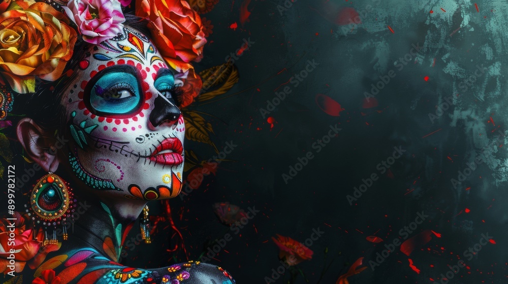 Naklejka premium Mexican woman with Day of the Dead makeup, flowers, skull on gray or black background, Mexican holiday