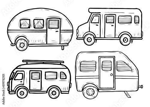 Set of travel trailers hand drawn in doodle style. Tourist motorhome for family holidays. Camping in nature. House on wheels. Vector line art illustration.