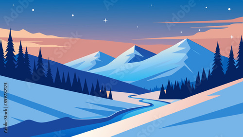 Illustration of a snowy winter scene in a lowland area with trees