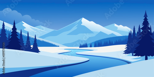 Illustration of a snowy winter scene in a lowland area with trees