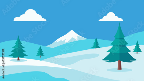 Illustration of a snowy winter scene in a lowland area with trees