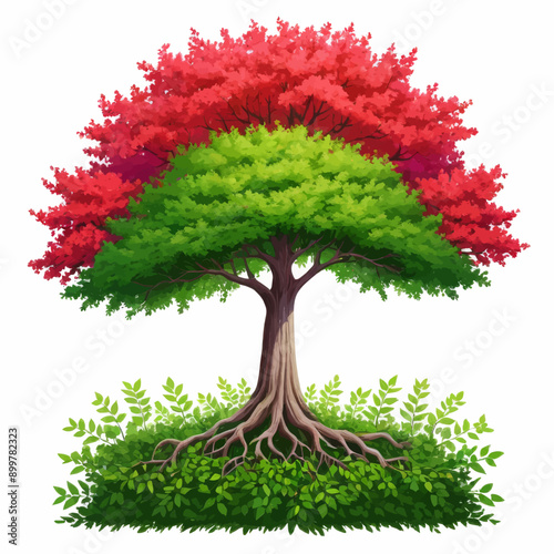 Colorful Tree with Red, Green, and Pink Leaves