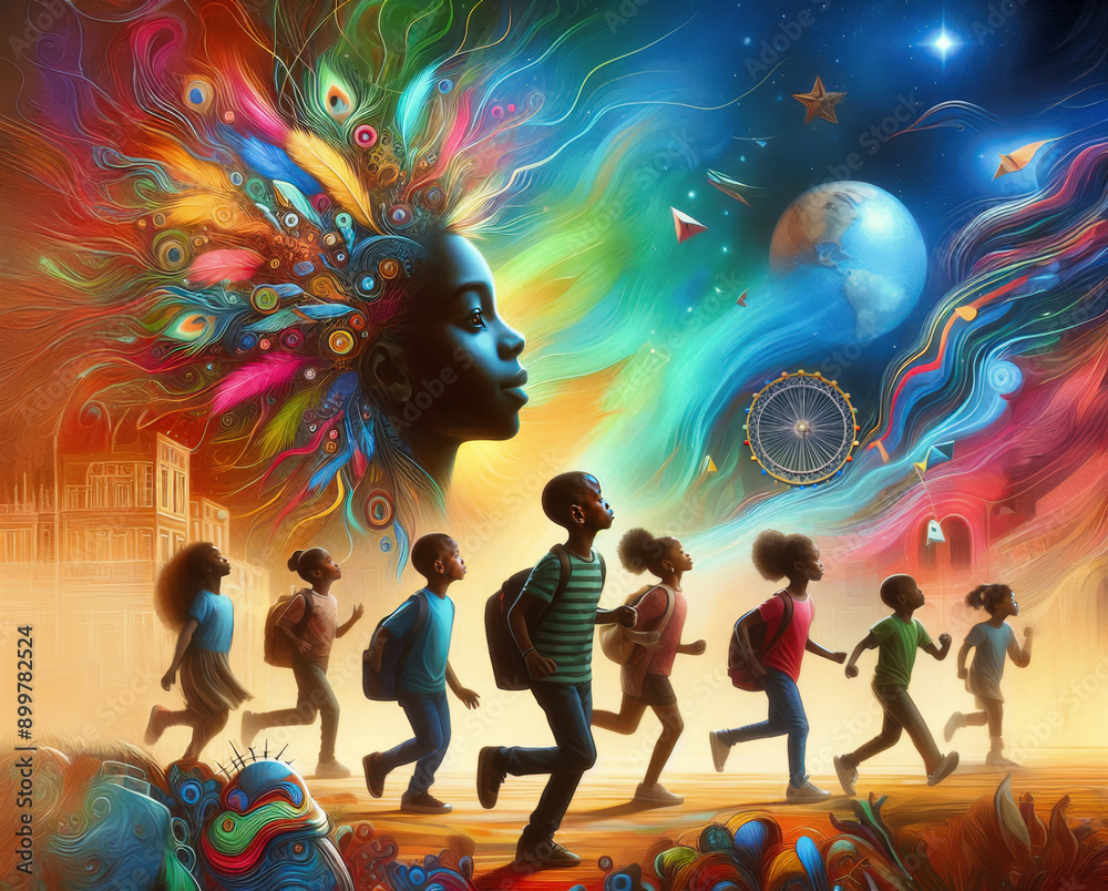 Dramatic Illustration of a group of African American children with school bags running and fairy spirit with colorful background elements Dramatic Illustration of a group of African American children with school bags running and fairy spirit with colorful background elements