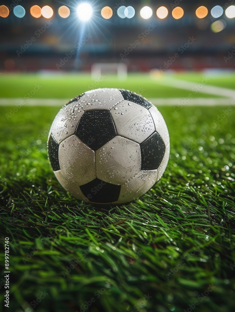 Fototapeta premium Black and white ball on green turf, central stadium area, shining under intense spotlights, twilight atmosphere