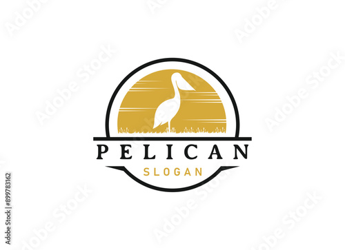Pelican bird logo vintage with grass and wild logo design.