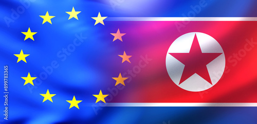 Flags of north Korea and European union. National symbol of DPRK. EU political banner. Relationship between European union and north Korea. Diplomatic negotiations with DPRK. 3d image photo