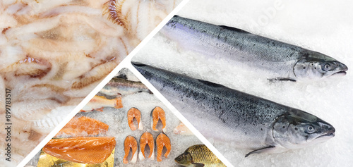 Frozen seafood fish lies on...