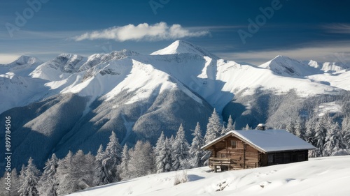 Snowy mountains with white peaks, trees, clear blue sky, and wooden cabin. Majestic, tranquil scene. Perfect for winter and travel.