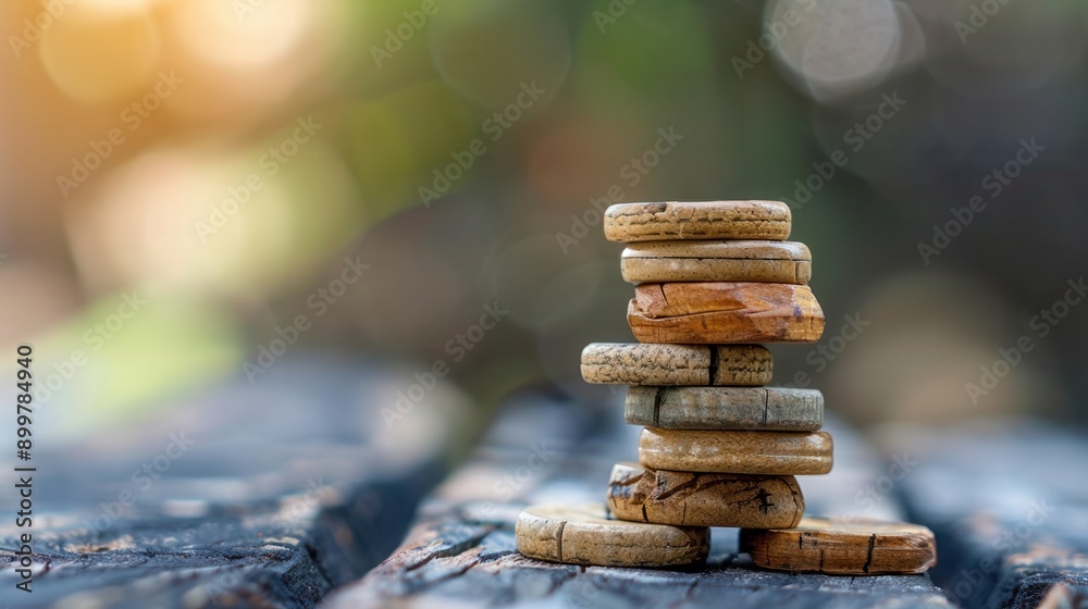 Obraz premium A stack of weathered coins on a wooden surface with a blurred background of green foliage and sunlight.