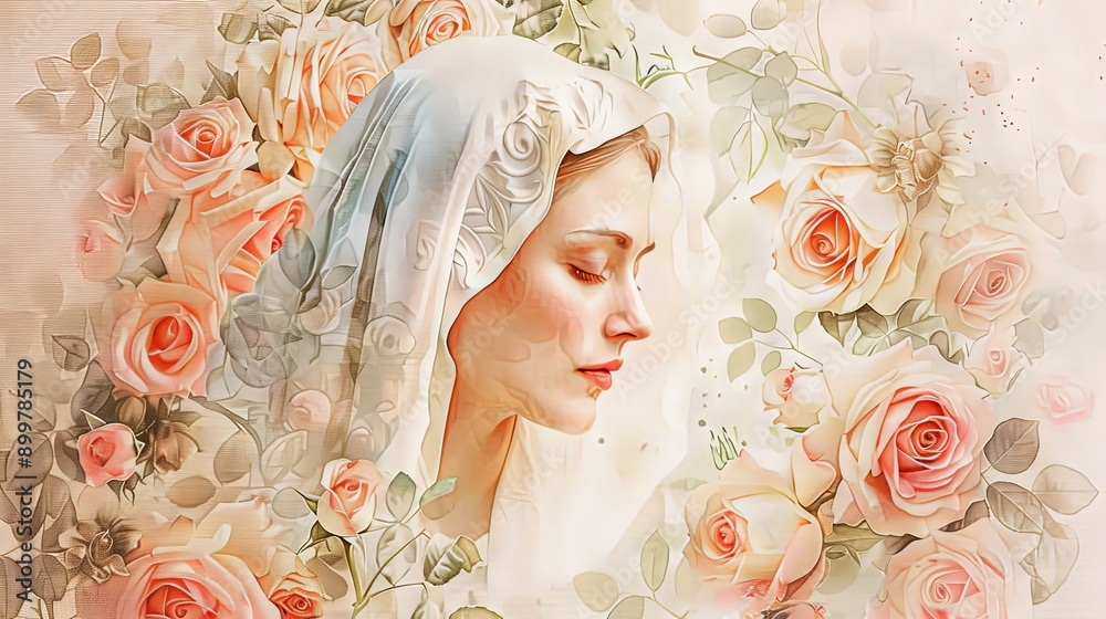 Naklejka premium Serene Watercolor Portrait of Mother Mary Surrounded by Roses