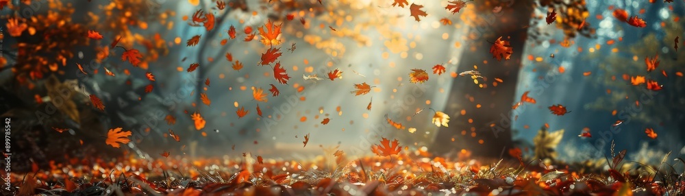 A beautiful scene of vibrant autumn leaves gracefully falling in a sunlit forest, capturing the essence of the fall season. A beautiful scene of vibrant autumn leaves gracefully falling in a sunlit forest, capturing the essence of the fall season.