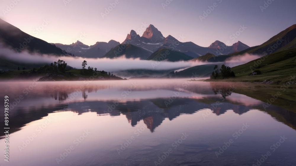 Obraz premium Mountain lake at dawn with calm water, reflecting peaks, soft light, and mist. Serene beauty. Perfect for nature and travel.