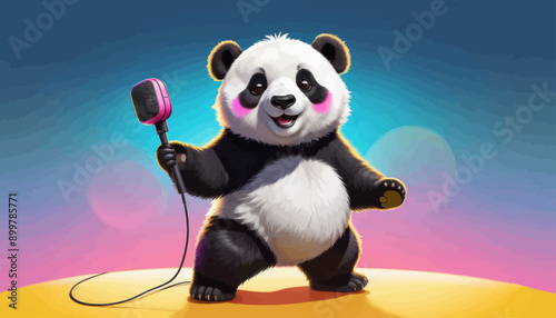Cheerful Panda with Microphone, Standing on Yellow Circle, Illuminated by Colorful Light