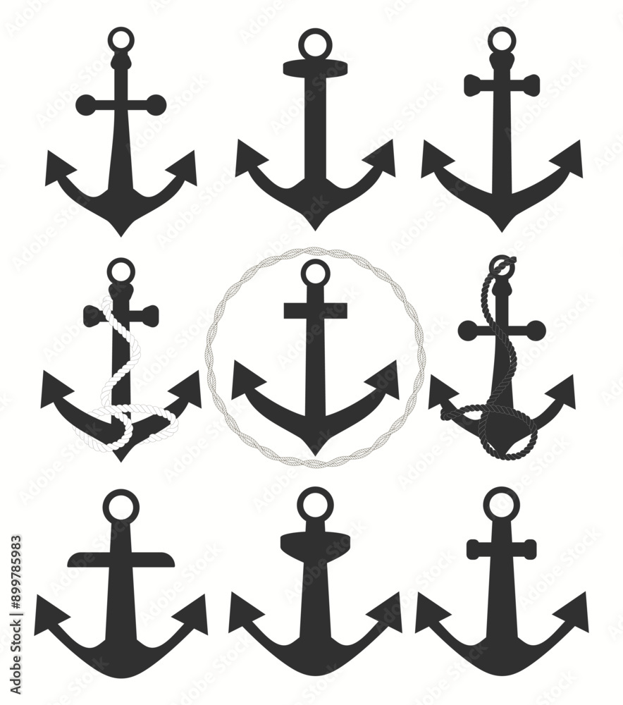 Set anchors icon. Various shapes of anchors. Set of black anchor icons. Anchor silhouette. Set anchors icon. Various shapes of anchors. Set of black anchor icons. Anchor silhouette.