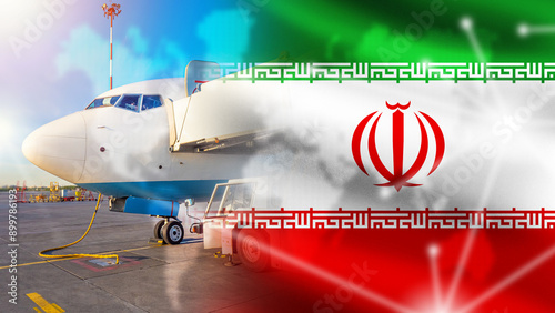 Airplane on runway. Flag of...