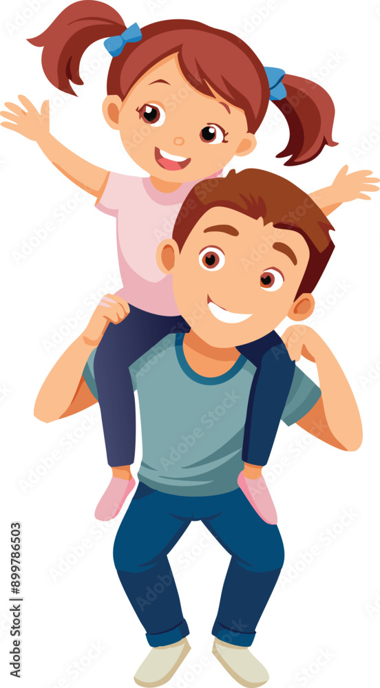 Happy daughter piggybacking on father's shoulders waving hello Happy daughter piggybacking on father's shoulders waving hello