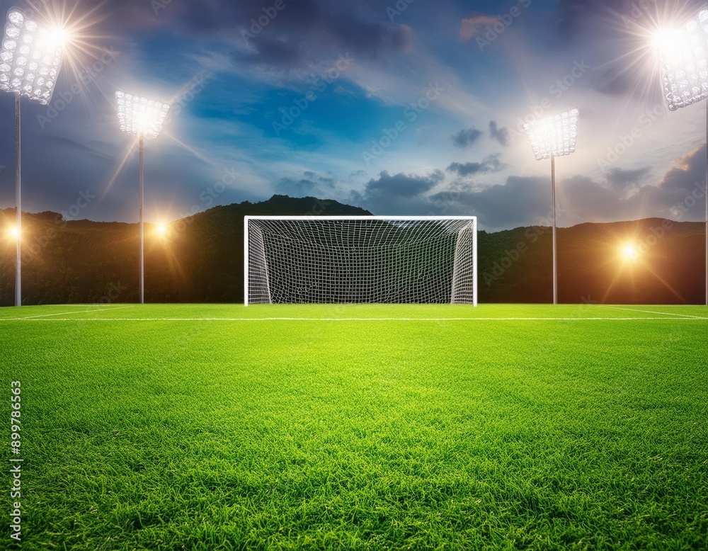Fototapeta premium A soccer field with a goal post illuminated by stadium lights