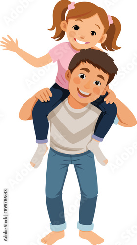 Happy daughter piggybacking on father's shoulders waving hello