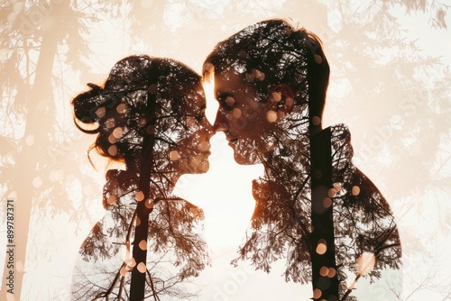 Silhouetted Couple in a Winter Forest: A Love Story, generative ai photo