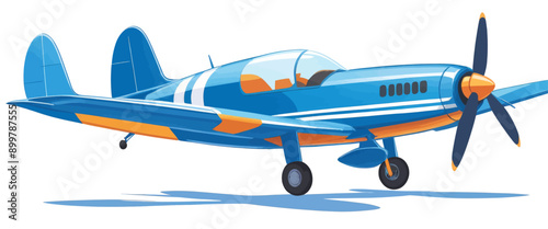 Blue and orange propeller airplane in flight