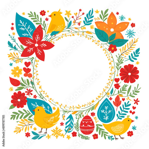 Bright and colorful floral border with birds and flowers