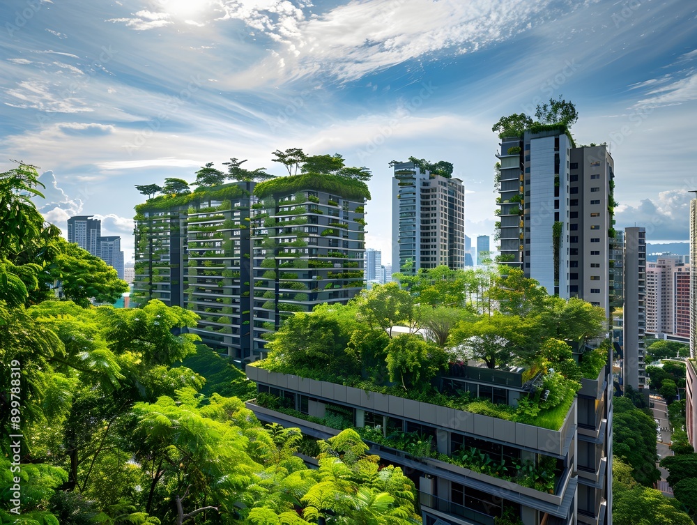 Fototapeta premium Tall Residential Buildings with Rooftop Gardens in a Sustainable Urban Landscape