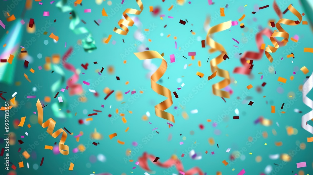Colorful confetti and streamers falling against a vibrant turquoise background, perfect for celebrations and festive occasions. Colorful confetti and streamers falling against a vibrant turquoise background, perfect for celebrations and festive occasions.