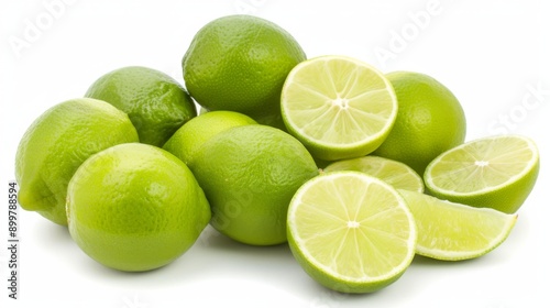A cluster of fresh limes, whole and sliced, isolated on a pure white background