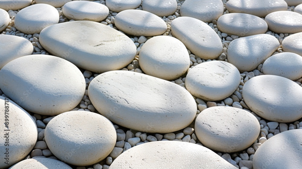 Obraz premium White egg-shaped stones artistically arranged on a pavement or pathway