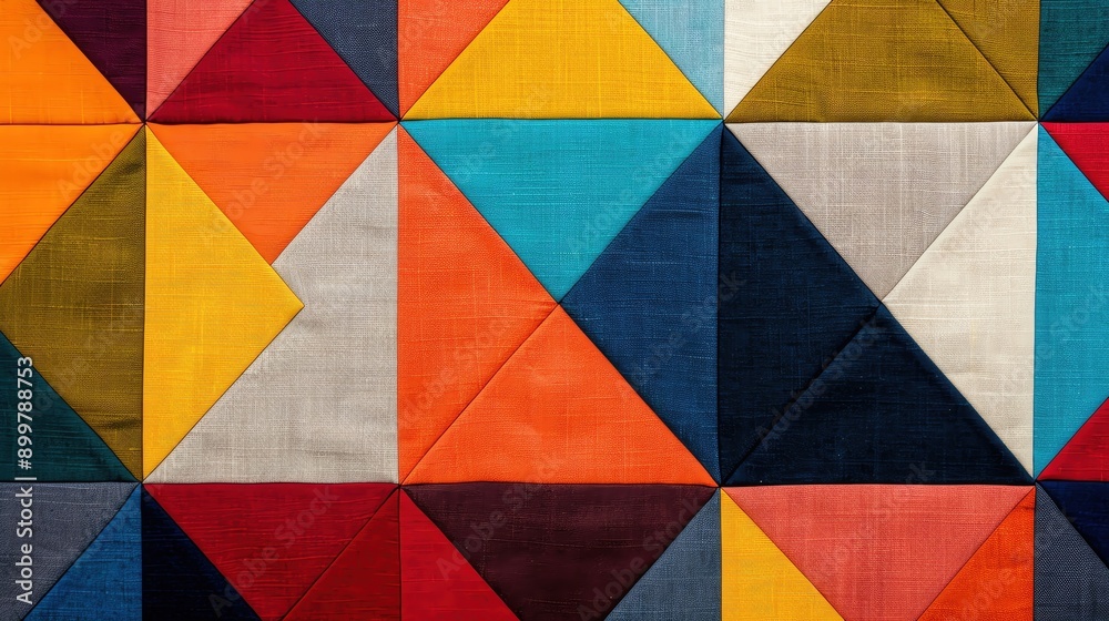 Fototapeta premium Colorful geometric patchwork design featuring various triangles in vibrant hues, perfect for textile or craft projects.