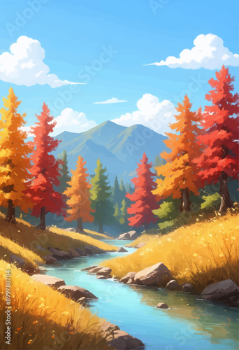 Autumnal Forest Scenery with Rocky Shore and Mountain View
