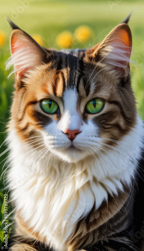 Attentive Cat with Green Eyes and White Whiskers