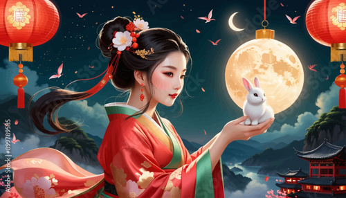Asian Woman Holding a White Bunny Under a Full Moon