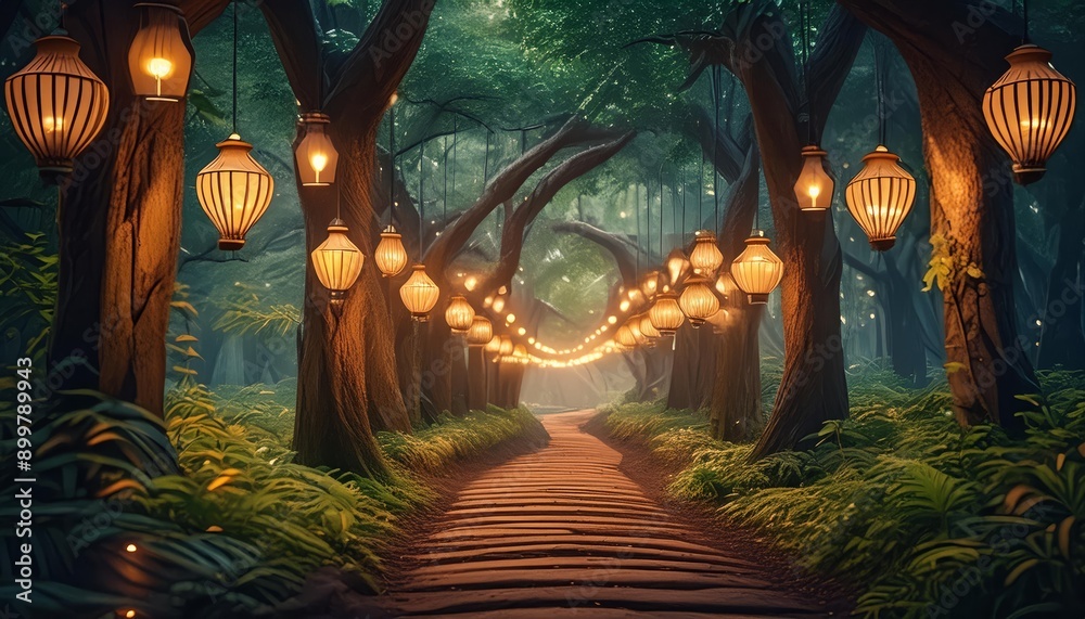 Fototapeta premium A winding path lit by lanterns leads through a mystical forest