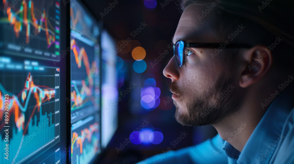 Business analyst reviewing graphs on a computer screen with a serious demeanor Business analyst reviewing graphs on a computer screen with a serious demeanor