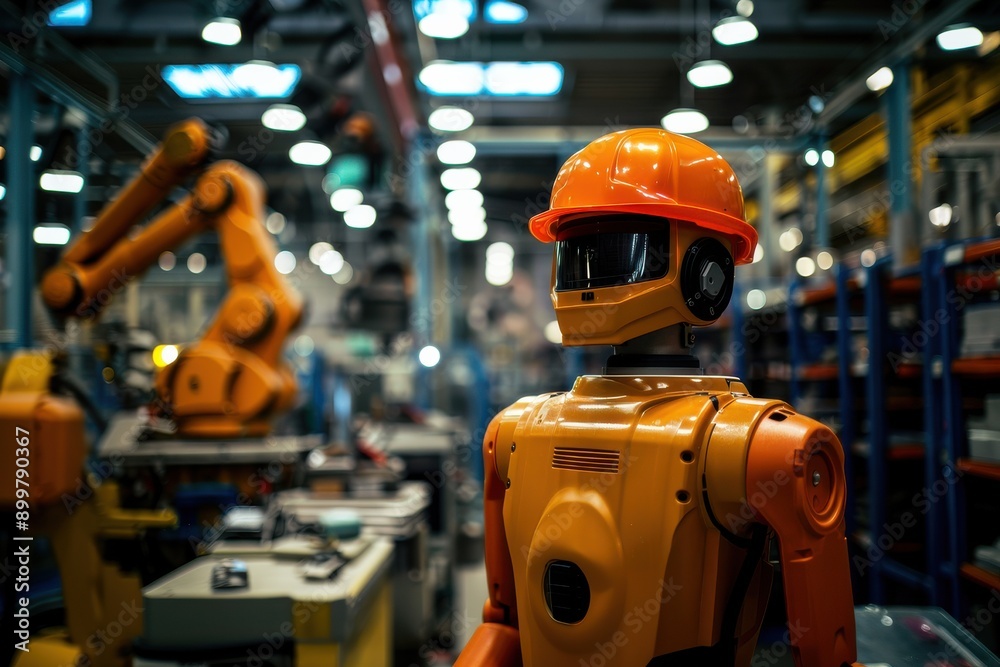 Robot in an orange safety helmet working in a brightly lit factory. AI concept. Robot in an orange safety helmet working in a brightly lit factory. AI concept.