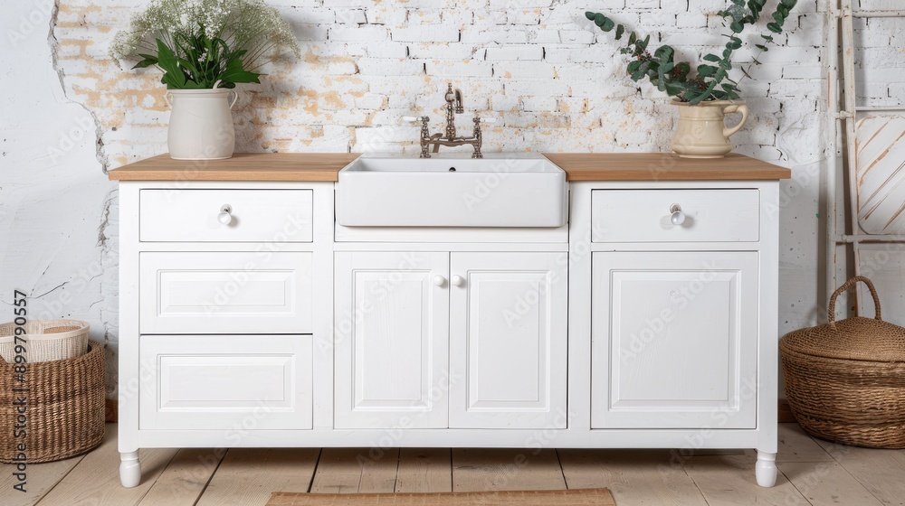 A modern kitchen setup features a white sink cabinet with wooden countertops, styled with simple decor and plants, creating a clean and inviting cooking space. A modern kitchen setup features a white sink cabinet with wooden countertops, styled with simple decor and plants, creating a clean and inviting cooking space.