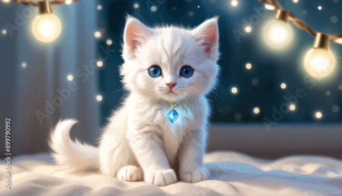 Adorable White Kitten with Blue Eyes and Diamond Collar, Sitting on Bed with Lights in Background