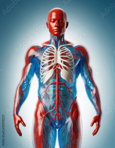3D Anatomical Illustration of Human Body with Red and Blue Blood Vessels