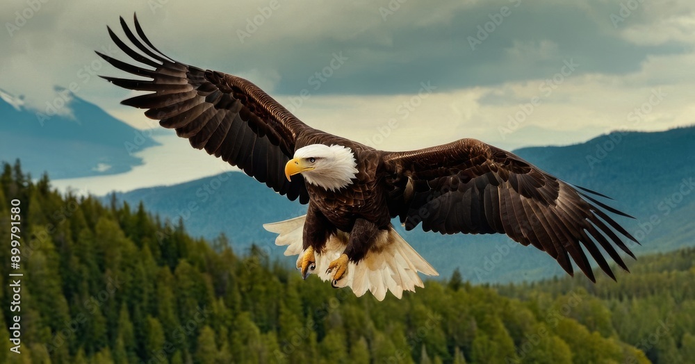 Fototapeta premium The Mighty Hunter : Bald Eagle Captured While Flying in Stunning 35mm Detail