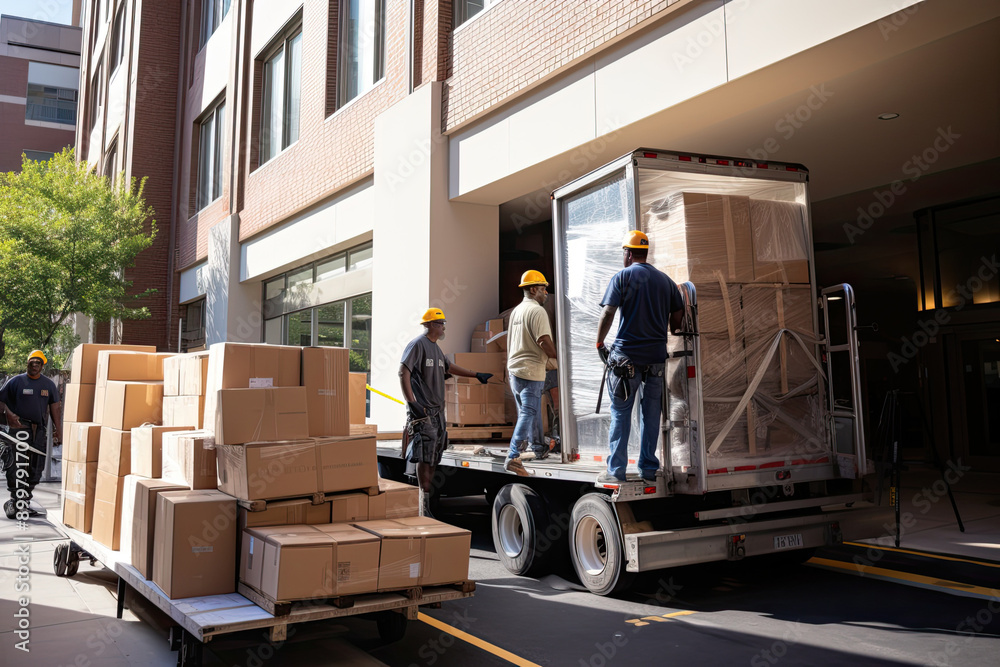 Moving Crew Working Together Loading Truck in Suburbia Moving Crew Working Together Loading Truck in Suburbia