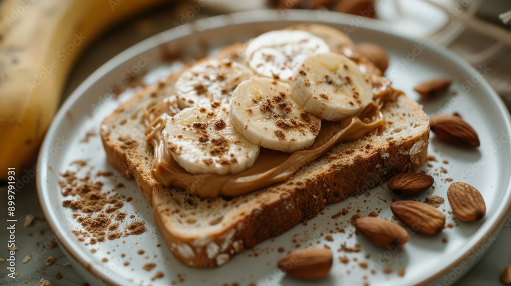 A close-up of a peanut butter banana sandwich topped with almonds. A close-up of a peanut butter banana sandwich topped with almonds.