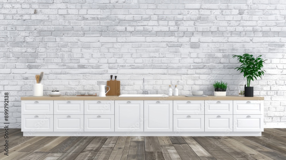 A modern kitchen setup features a white sink cabinet with wooden countertops, styled with simple decor and plants, creating a clean and inviting cooking space A modern kitchen setup features a white sink cabinet with wooden countertops, styled with simple decor and plants, creating a clean and inviting cooking space