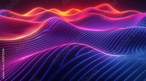 Vibrant wave patterns illuminated with neon colors, creating a dynamic and immersive abstract landscape of light and motion.