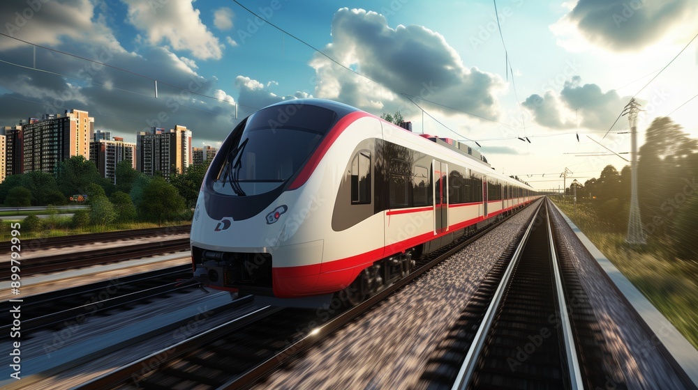 Naklejka premium High-speed train moving swiftly on a railway track through an urban area, with modern buildings in the background. Perfect for themes related to transportation, speed, and city life.