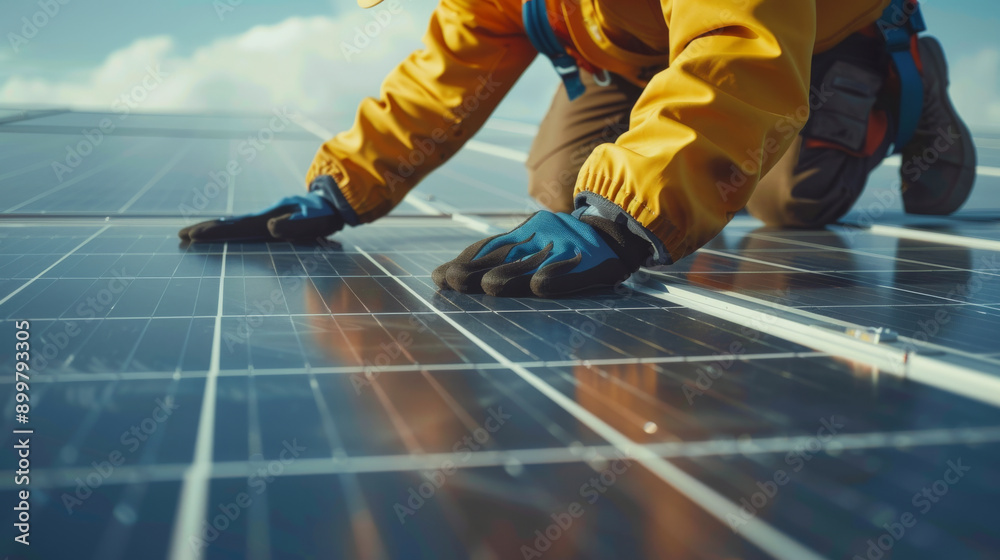 Renewable energy technicians installing solar panels on a rooftop Renewable energy technicians installing solar panels on a rooftop